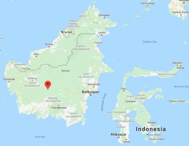 Map showing the village of Tumbang Habangoi between the provinces of Central and West Kalimantan, Indonesia.